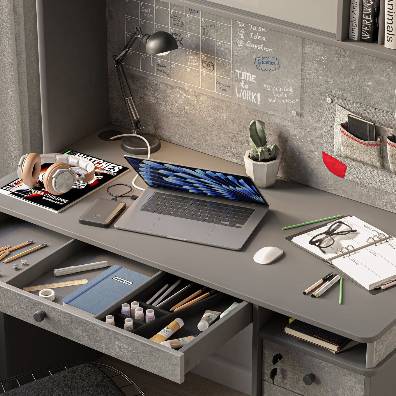 Schreibtisch Space Gray Breit mit Aufsatz 3