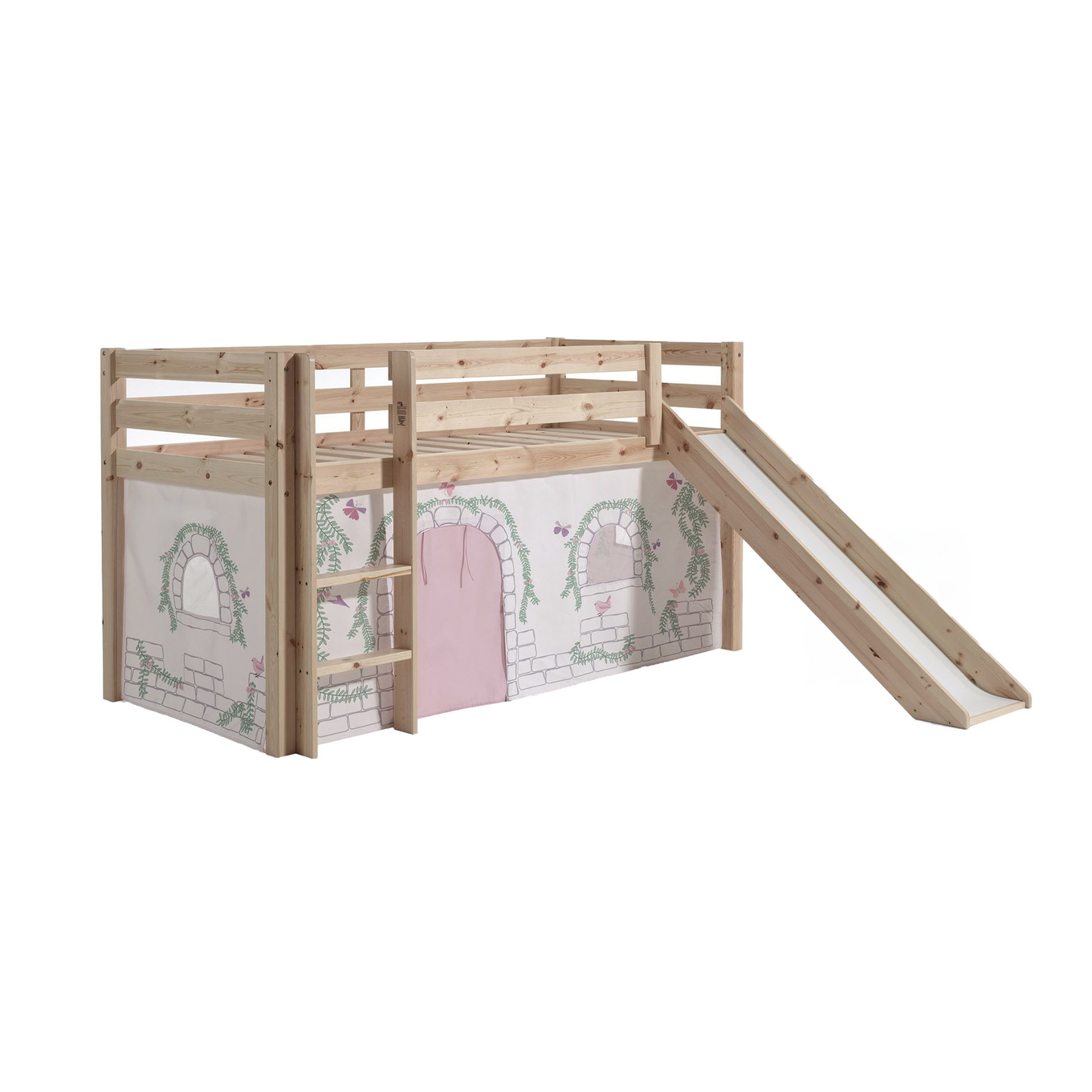 Halbhohes Bett Birdy mit Rutsche Holz, mit Spielvorhang