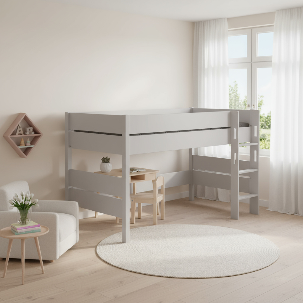 Halbhohes Bett Tiago Grau, mit gerader Leiter, 90 x 200 cm 5