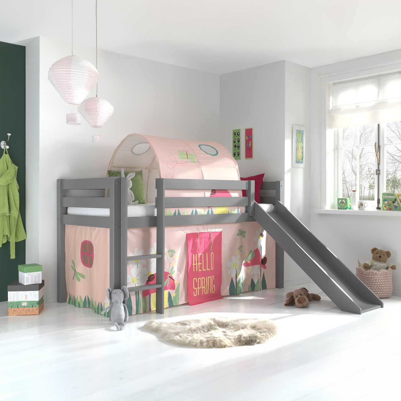 Halbhohes Bett Pino Spring mit Rutsche Grau, mit Spielvorhang und Höhle #2