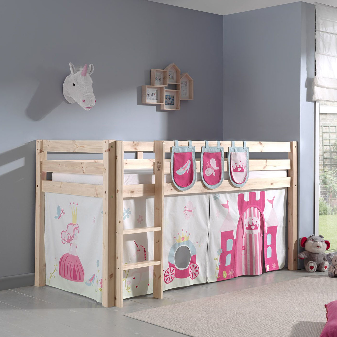 Halbhohes Bett Princess Holz, mit Spielvorhang und Betttaschen 2
