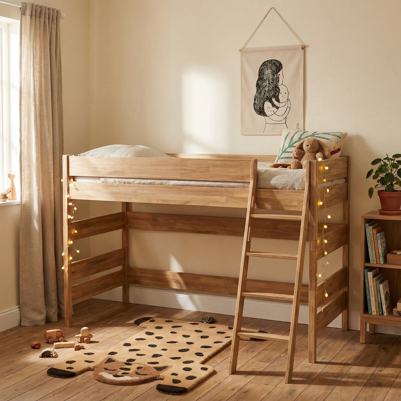 Mittelhohes Bett Sten Holz, mit Schrägleiter #2