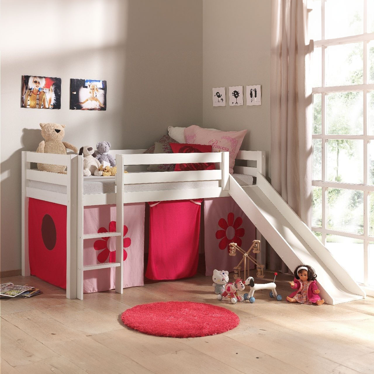 Halbhohes Bett Pink Flower mit Rutsche Weiss #2