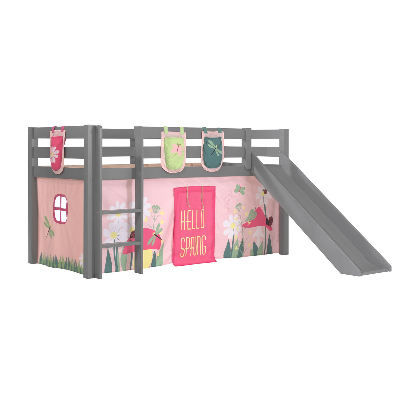 Halbhohes Bett Pino Spring mit Rutsche Grau, mit Spielvorhang und Betttaschen