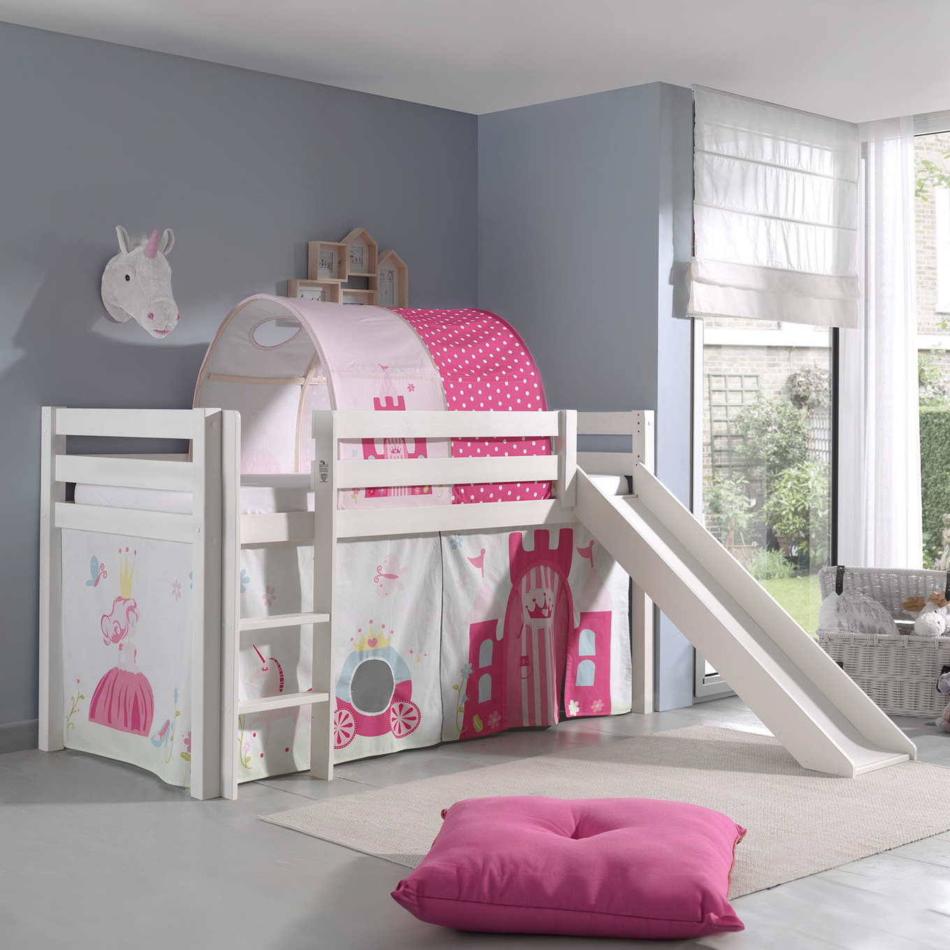 Halbhohes Bett Princess mit Rutsche Weiss, mit Spielvorhang und Höhle #2