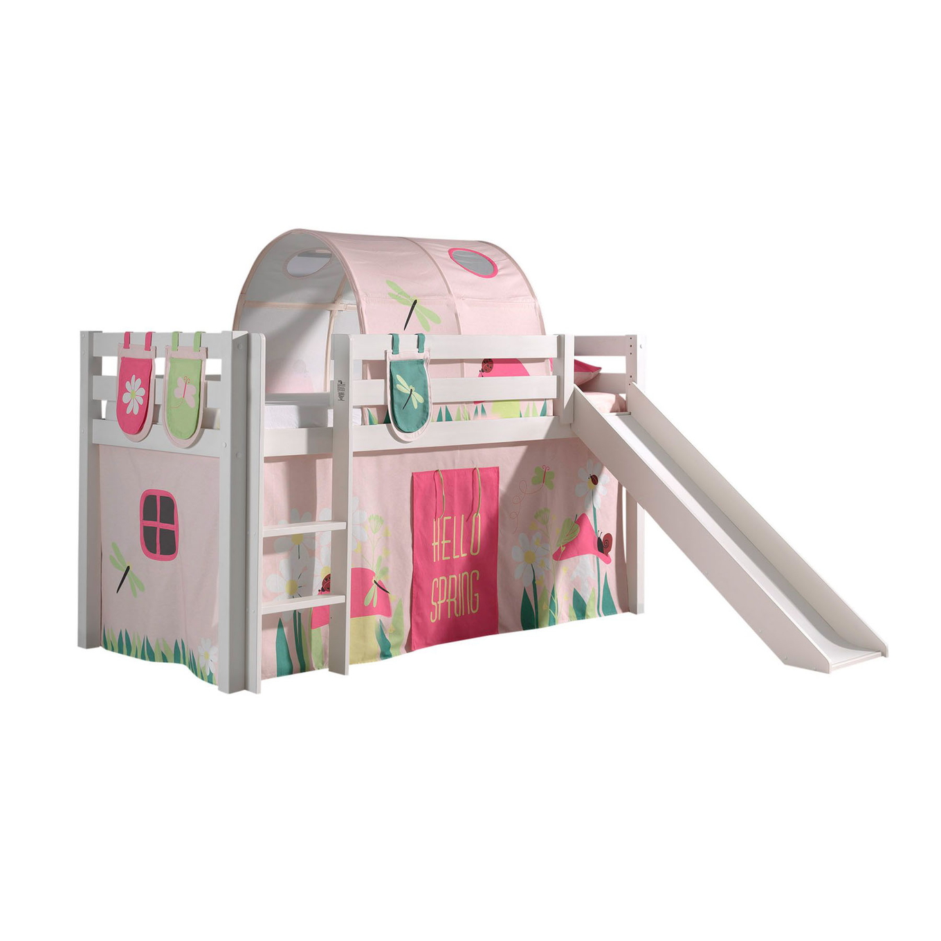 Halbhohes Bett Pino Spring mit Rutsche Weiss, mit Spielvorhang, Höhle und Betttaschen