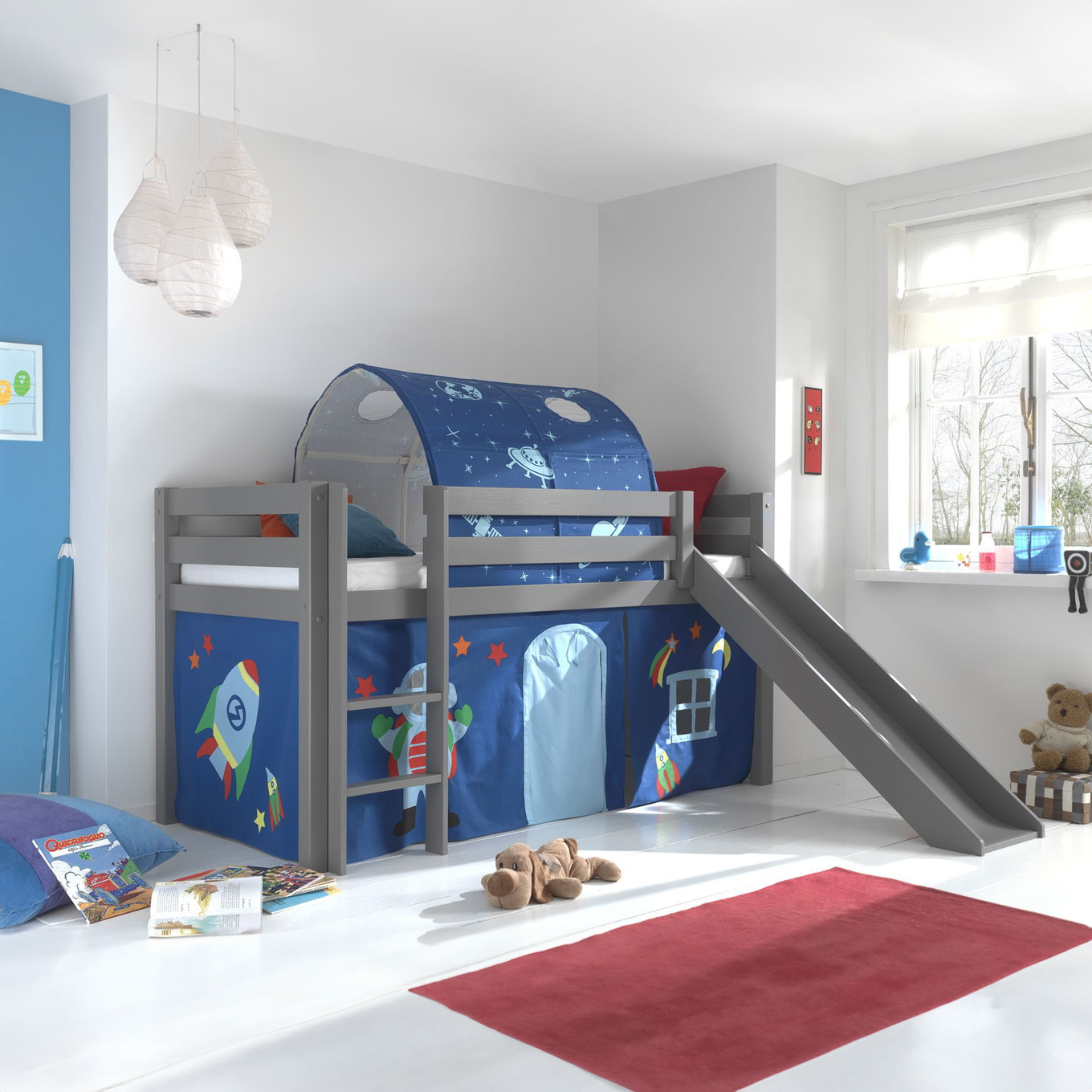 Halbhohes Bett Astro mit Rutsche Grau, mit Spielvorhang und Höhle #2