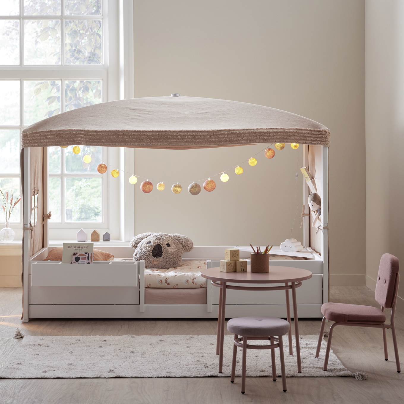 4 in 1 Bett mit Himmel Deluxe Lattenrost, Weiss lasiert 2