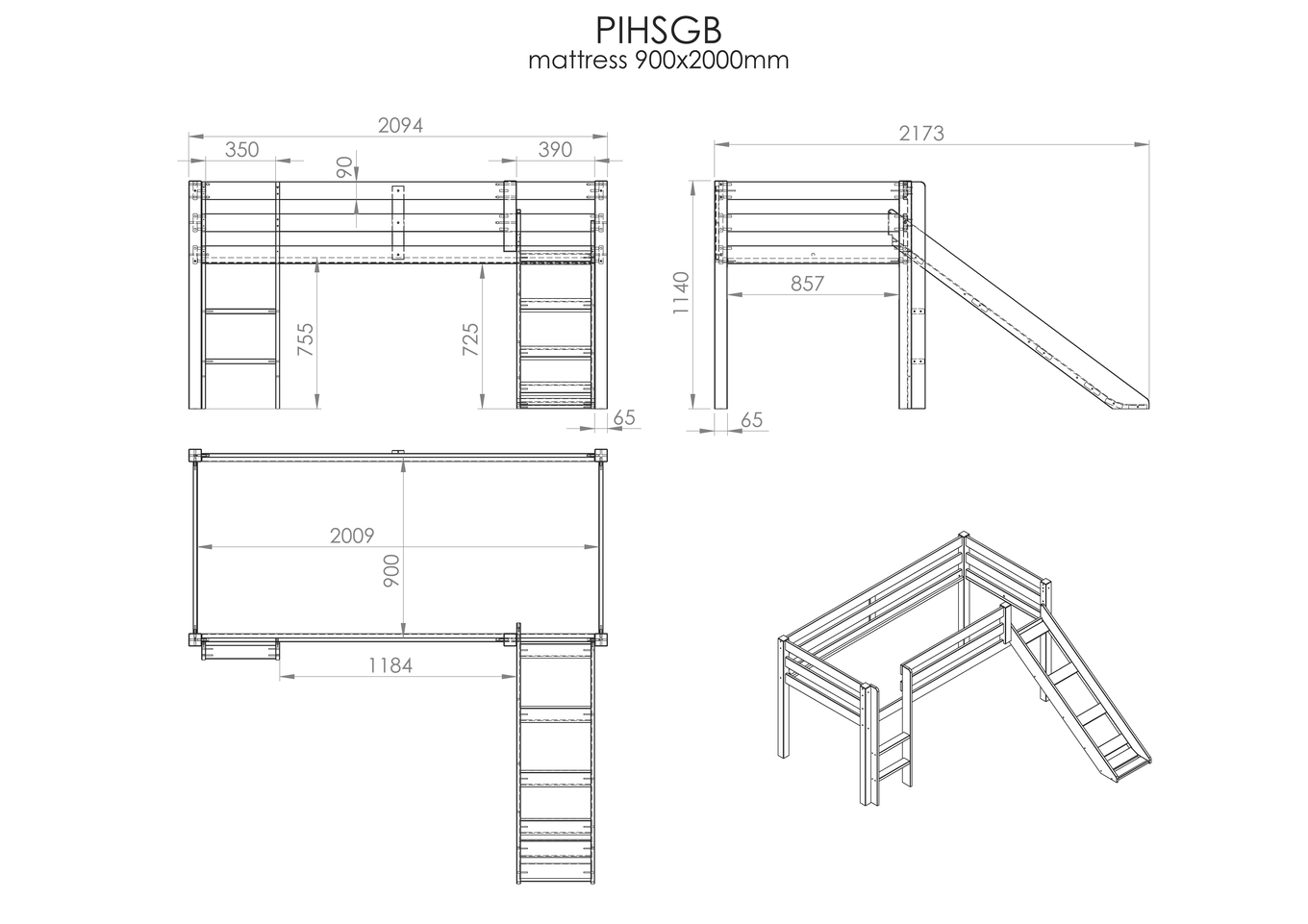 Halbhohes Bett Domino mit Rutsche Grau 5