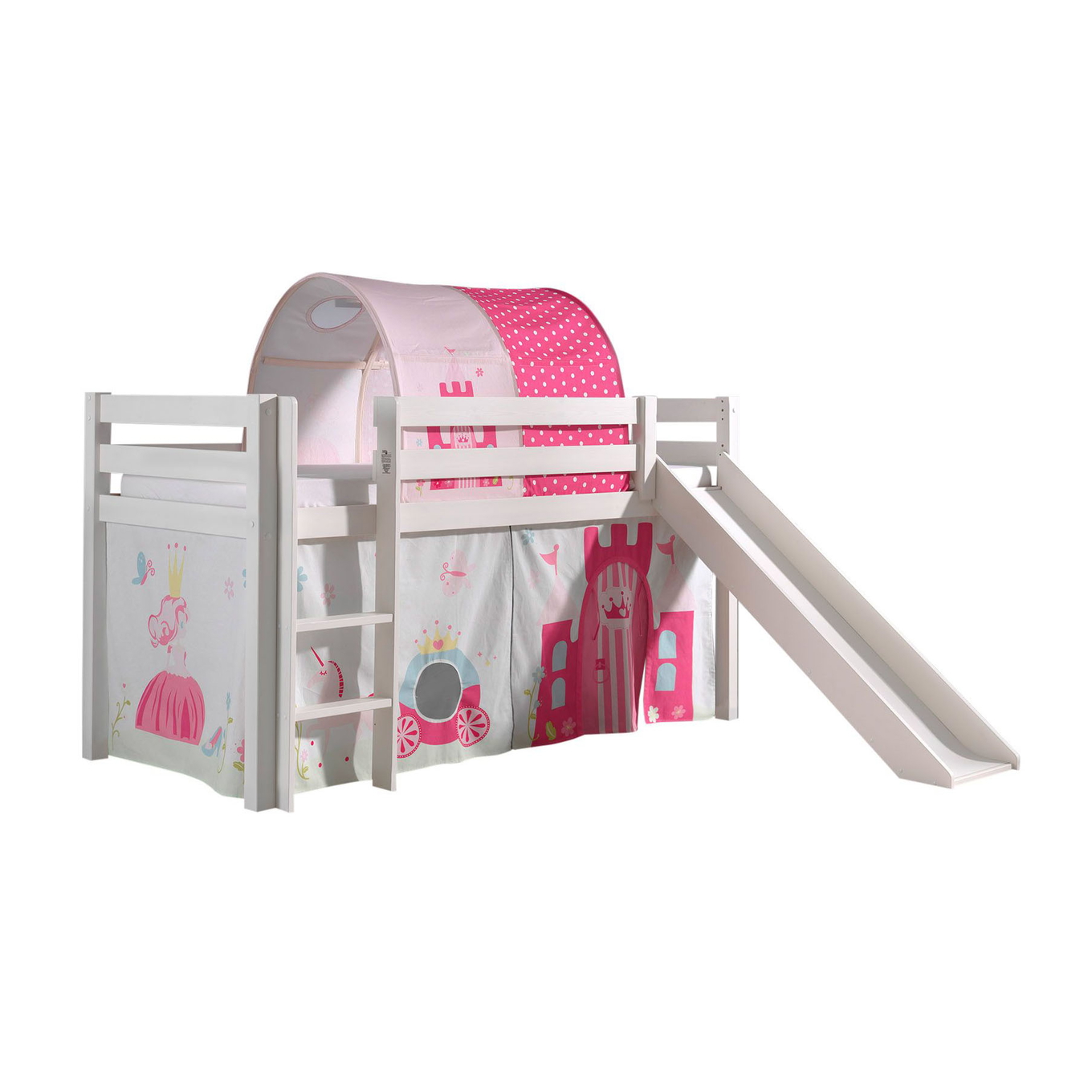 Halbhohes Bett Princess mit Rutsche Weiss, mit Spielvorhang und Höhle