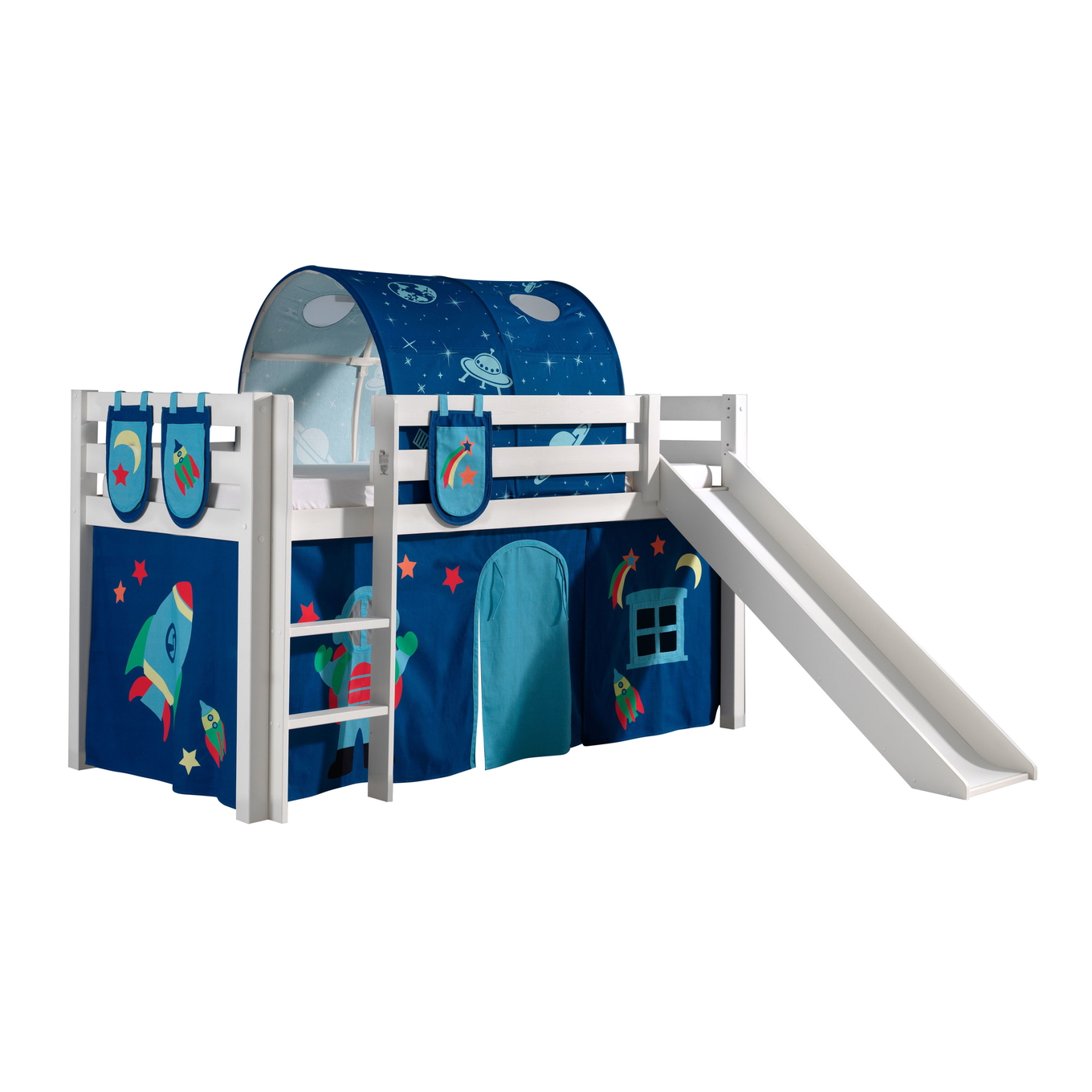 Halbhohes Bett Astro mit Rutsche Weiss, mit Spielvorhang, Höhle und Betttaschen