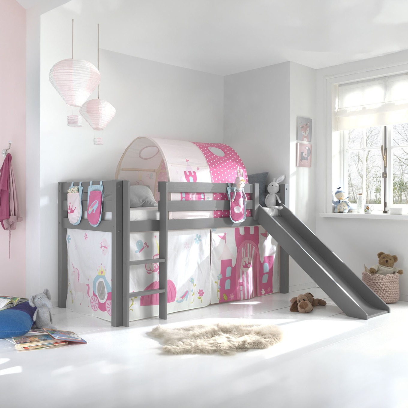 Halbhohes Bett Princess mit Rutsche Grau, mit Spielvorhang, Höhle und Betttaschen #2