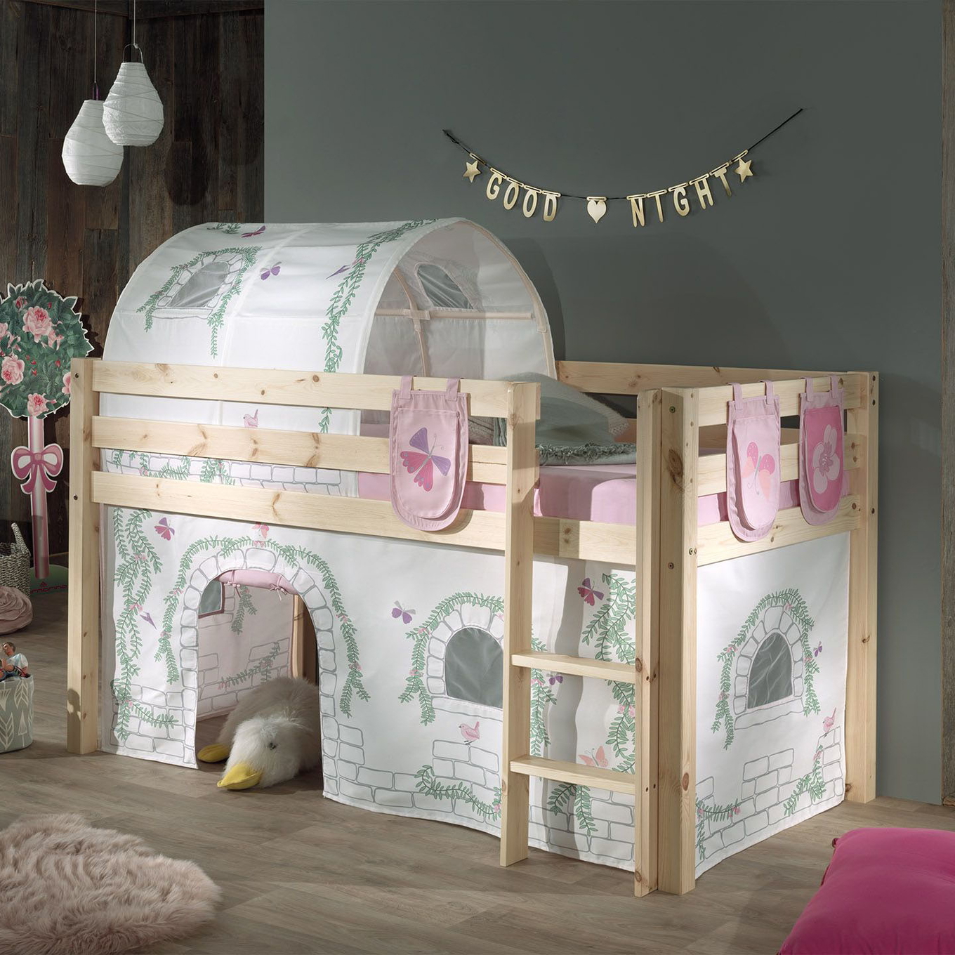 Halbhohes Bett Birdy Holz, mit Spielvorhang, Höhle und Betttaschen #2