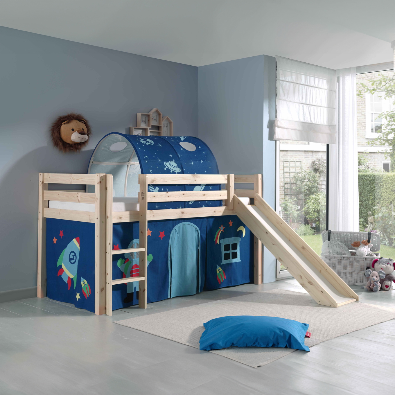 Halbhohes Bett Astro mit Rutsche Holz, mit Spielvorhang und Höhle #2