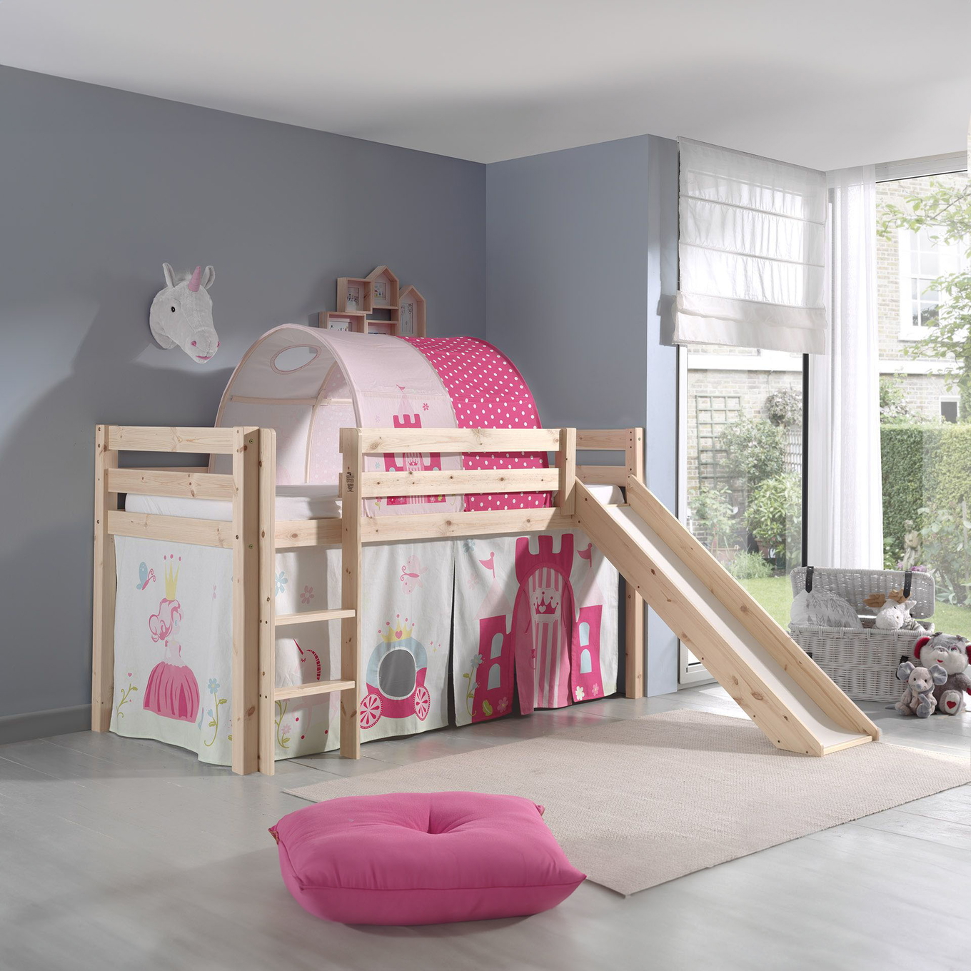 Halbhohes Bett Princess mit Rutsche Holz, mit Spielvorhang und Höhle #2