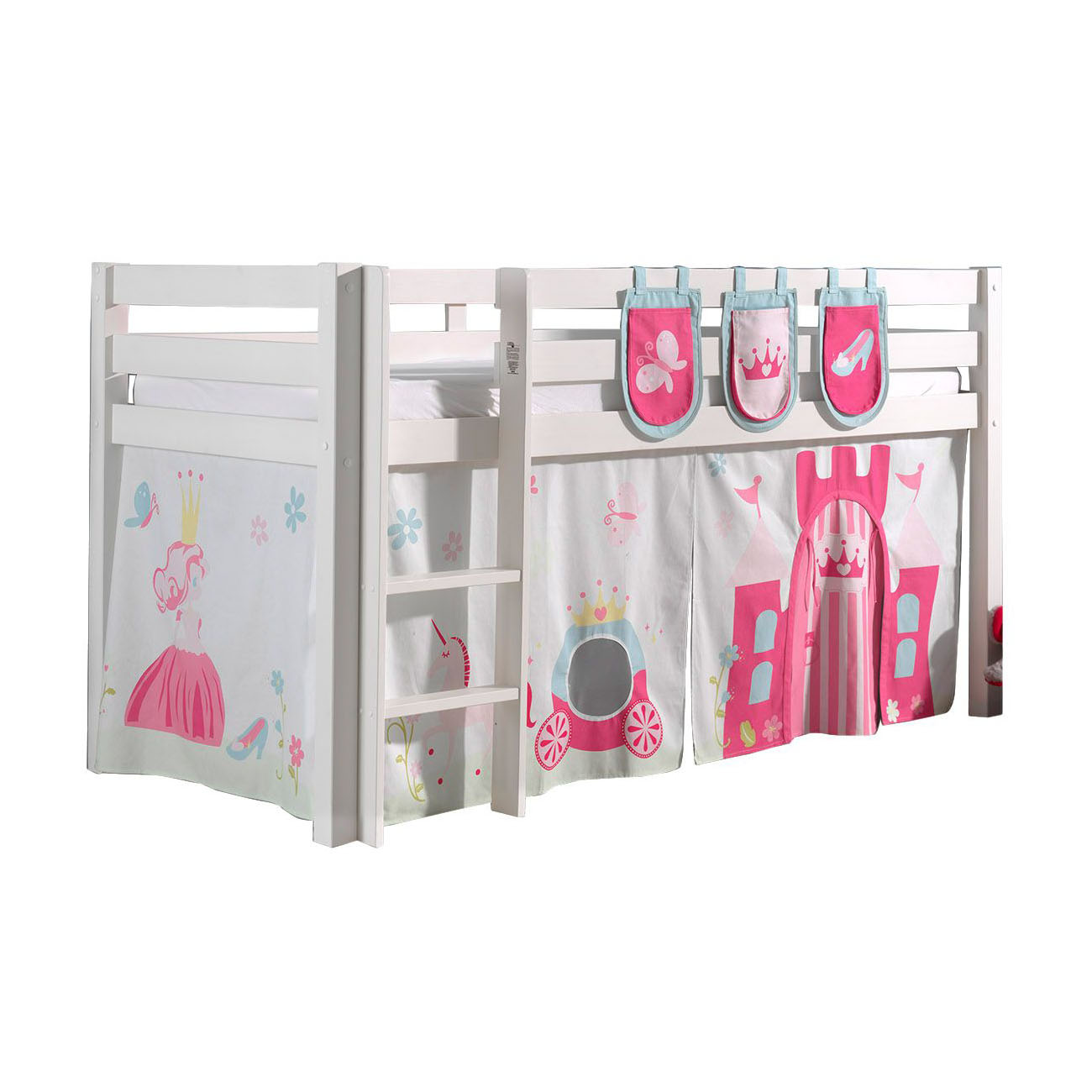 Halbhohes Bett Princess Weiss, mit Spielvorhang und Betttaschen 1