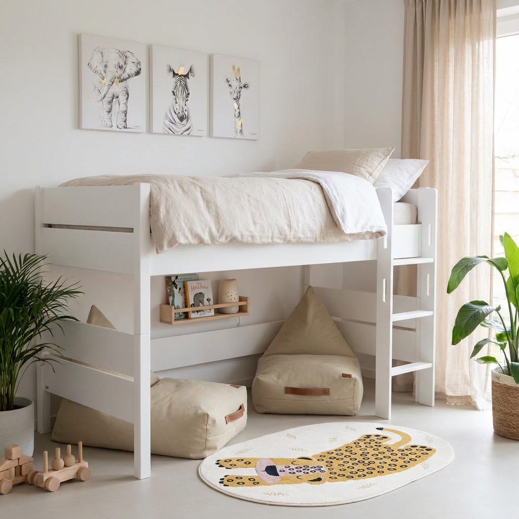 Halbhohes Bett Tiago Weiss, mit gerader Leiter, 120 x 200 cm 3