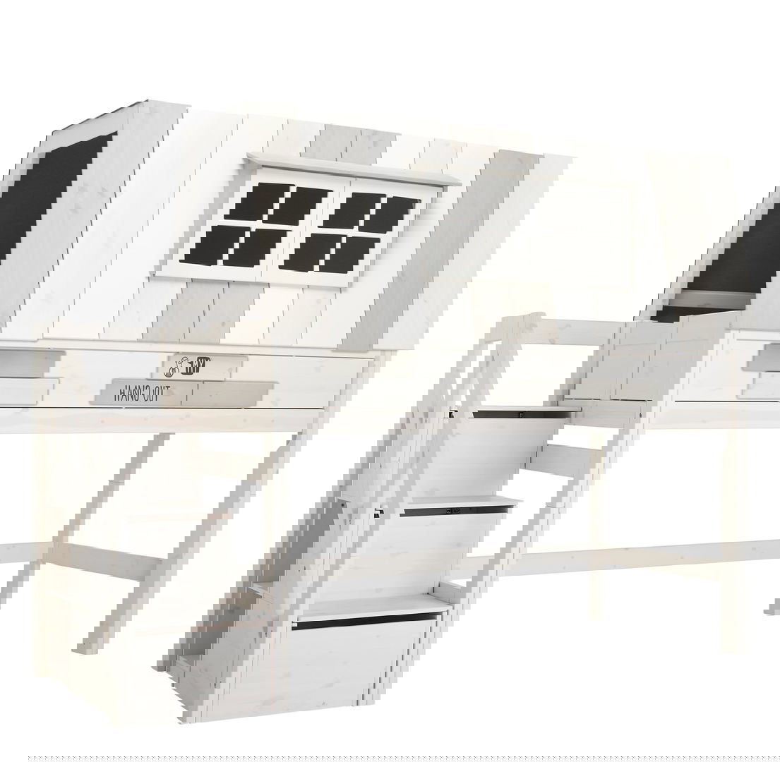 Halbhohes Abenteuerbett Hangout Rollrost, Weiss lasiert