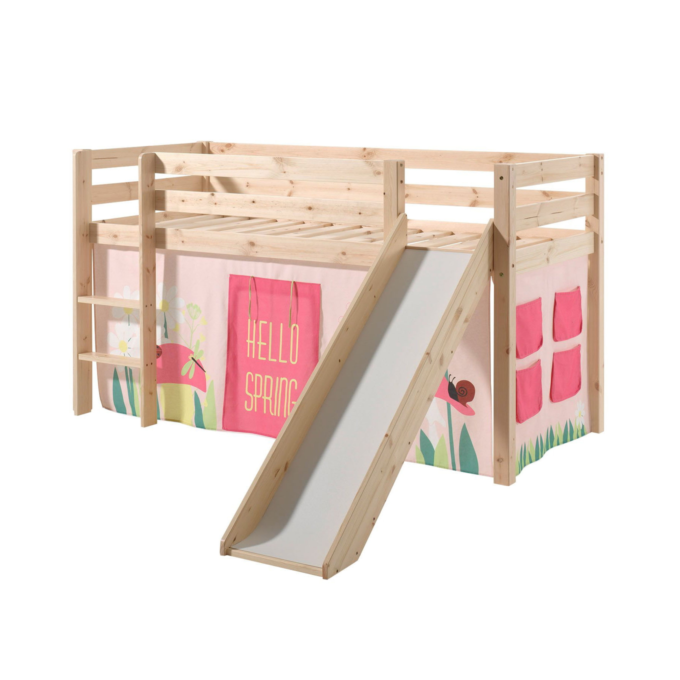Halbhohes Bett Pino Spring mit Rutsche Holz, mit Spielvorhang