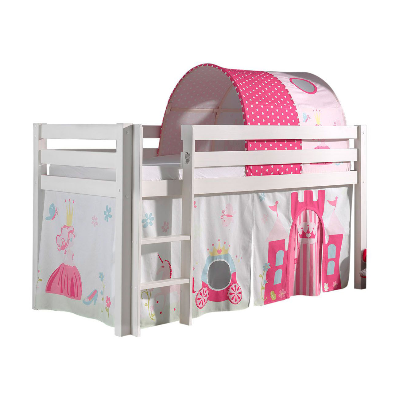 Halbhohes Bett Princess Weiss, mit Spielvorhang und Höhle
