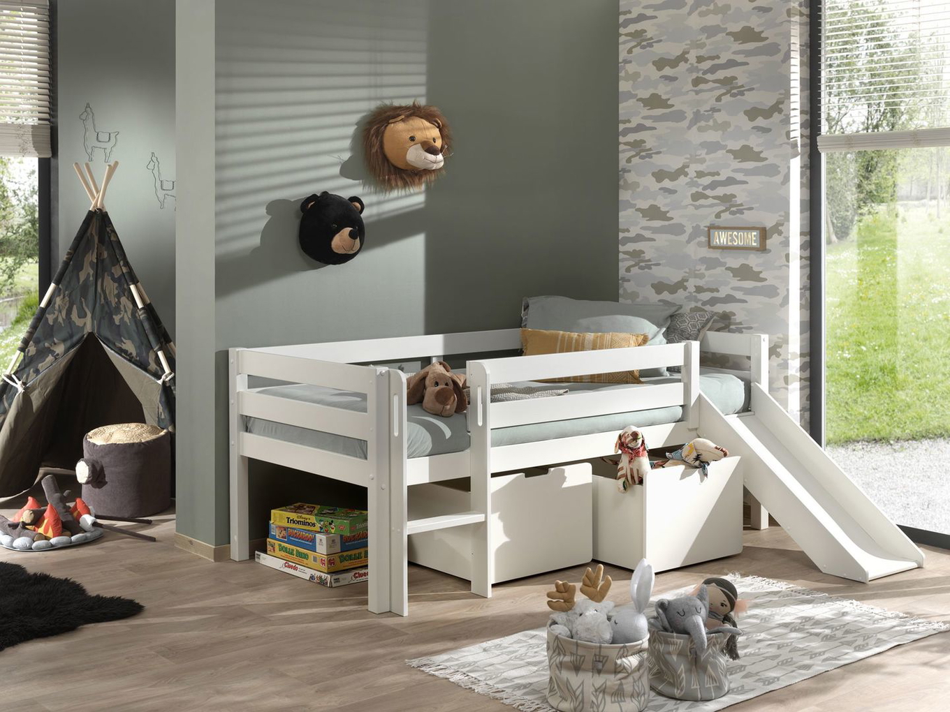 Bett Pino mit Rutsche Weiss, mit Schubladen 7