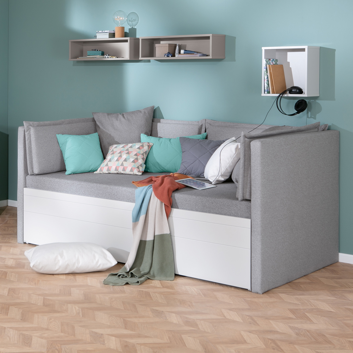 Bett Flynn mit 2 gepolsterten Betthäuptern Weiss, Steingrau #2