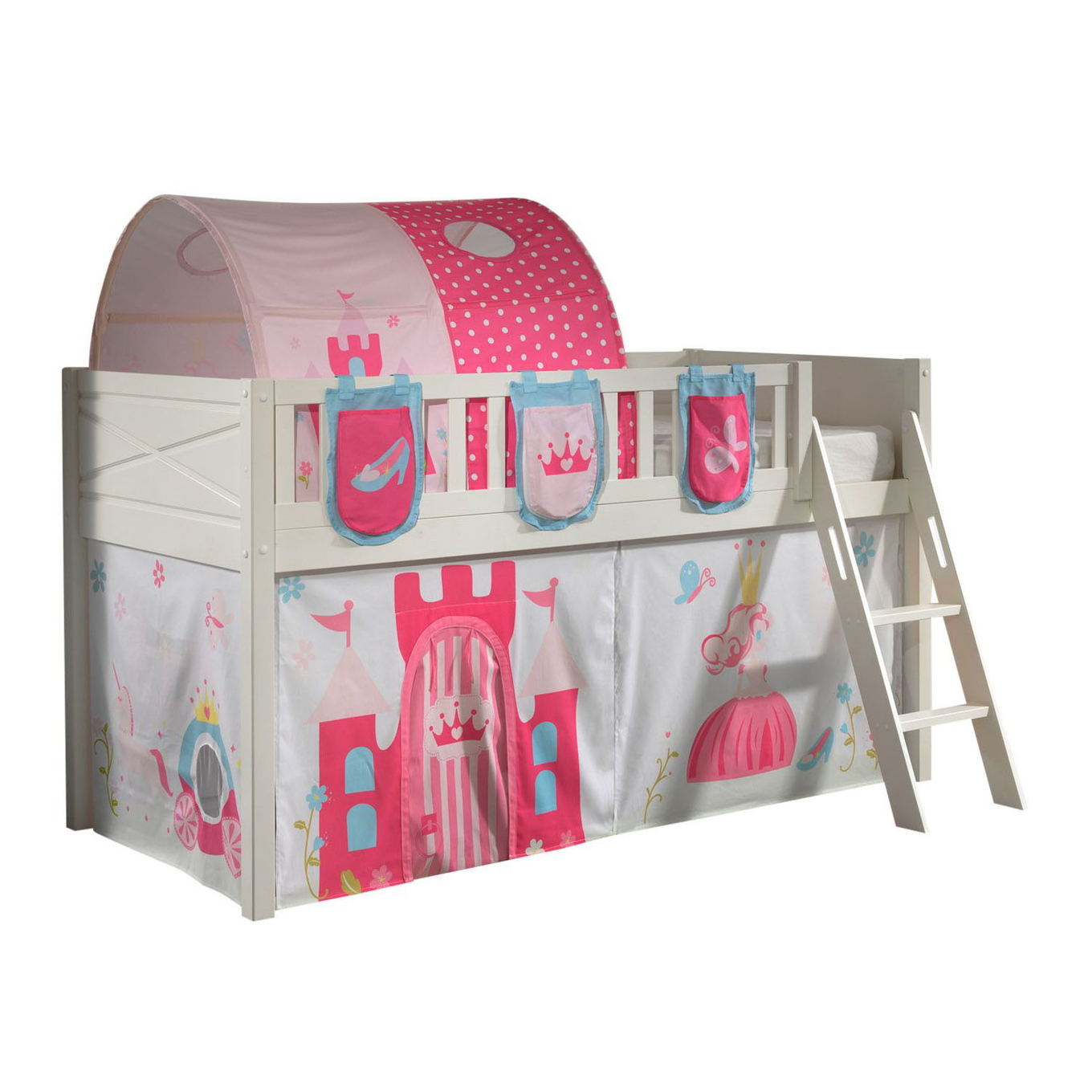 Halbhohes Bett Scott Princess mit Spielvorhang, Höhle und Betttaschen