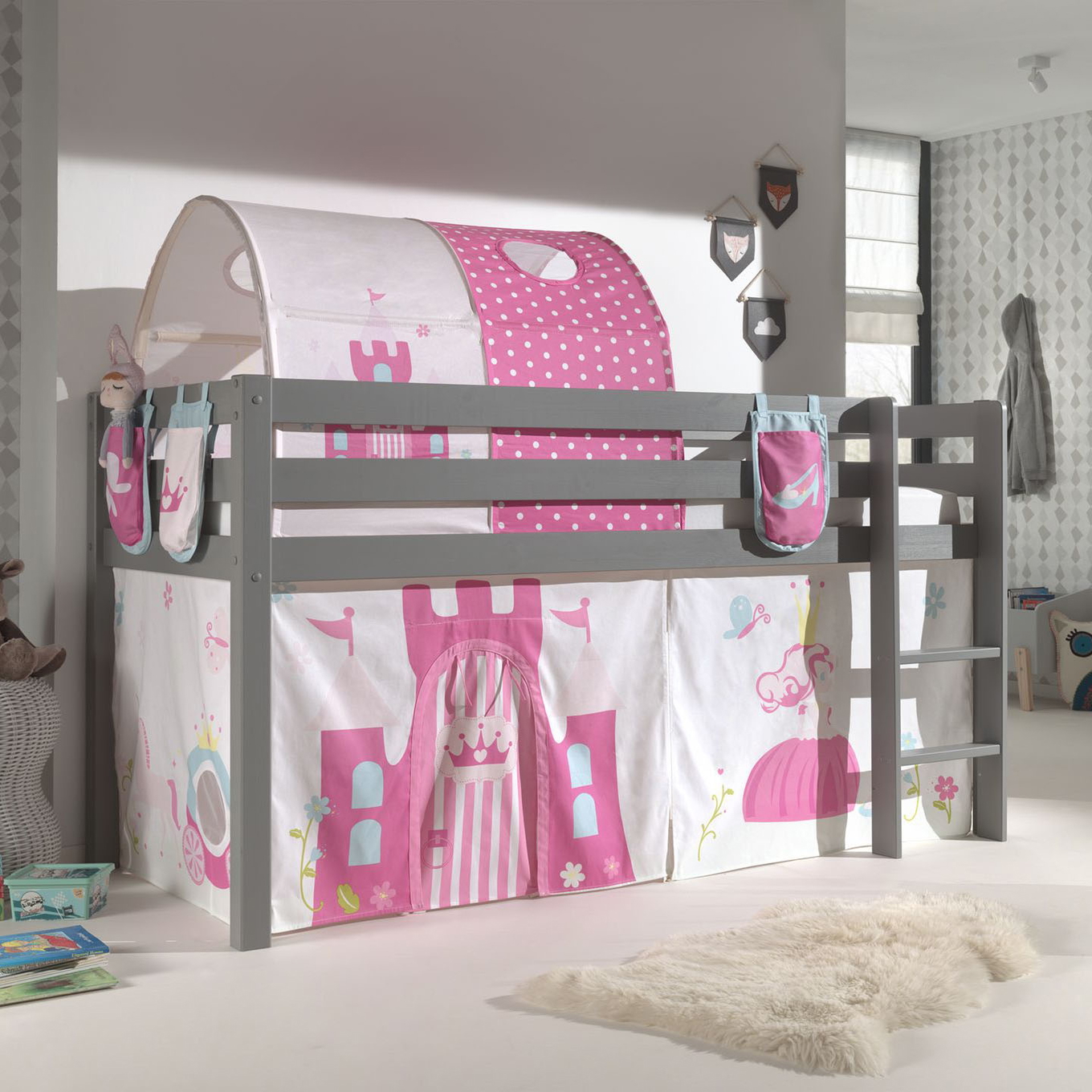 Halbhohes Bett Princess Grau, mit Spielvorhang, Höhle und Betttaschen #2