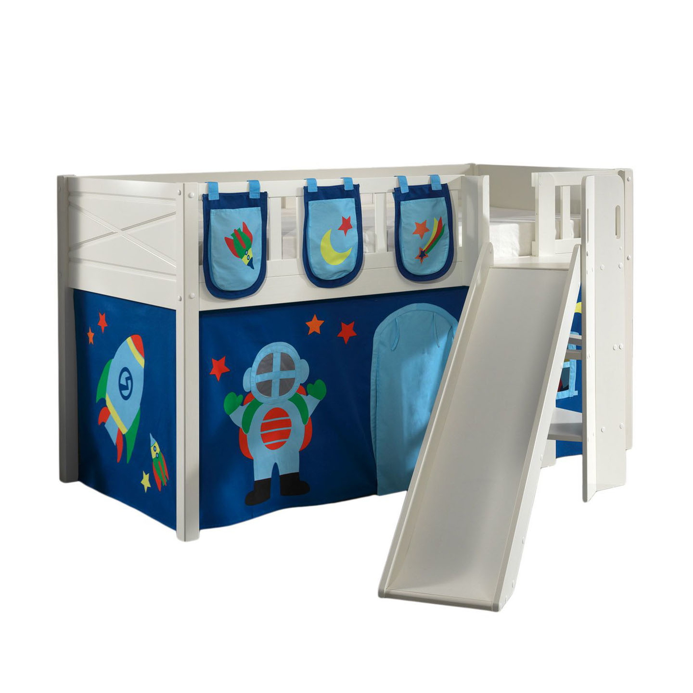 Halbhohes Bett Scott Astro mit Rutsche mit Spielvorhang und Betttaschen