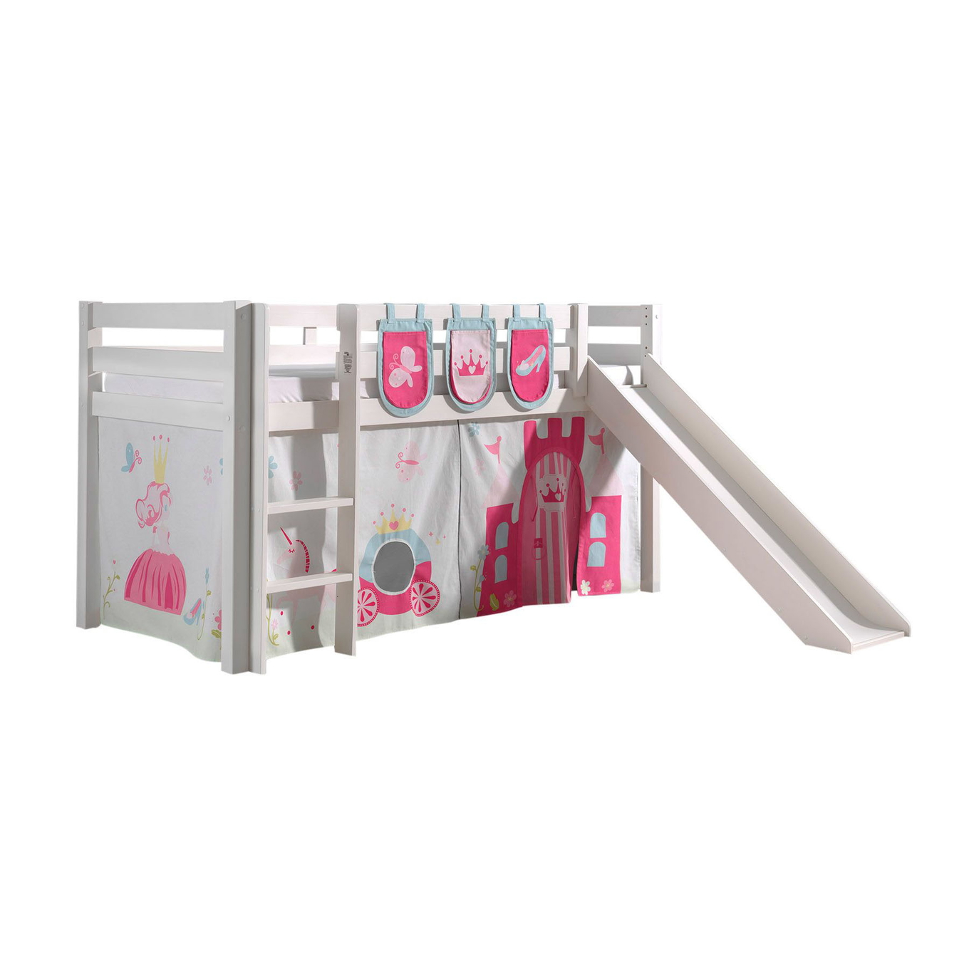 Halbhohes Bett Princess mit Rutsche Weiss, mit Spielvorhang und Betttaschen