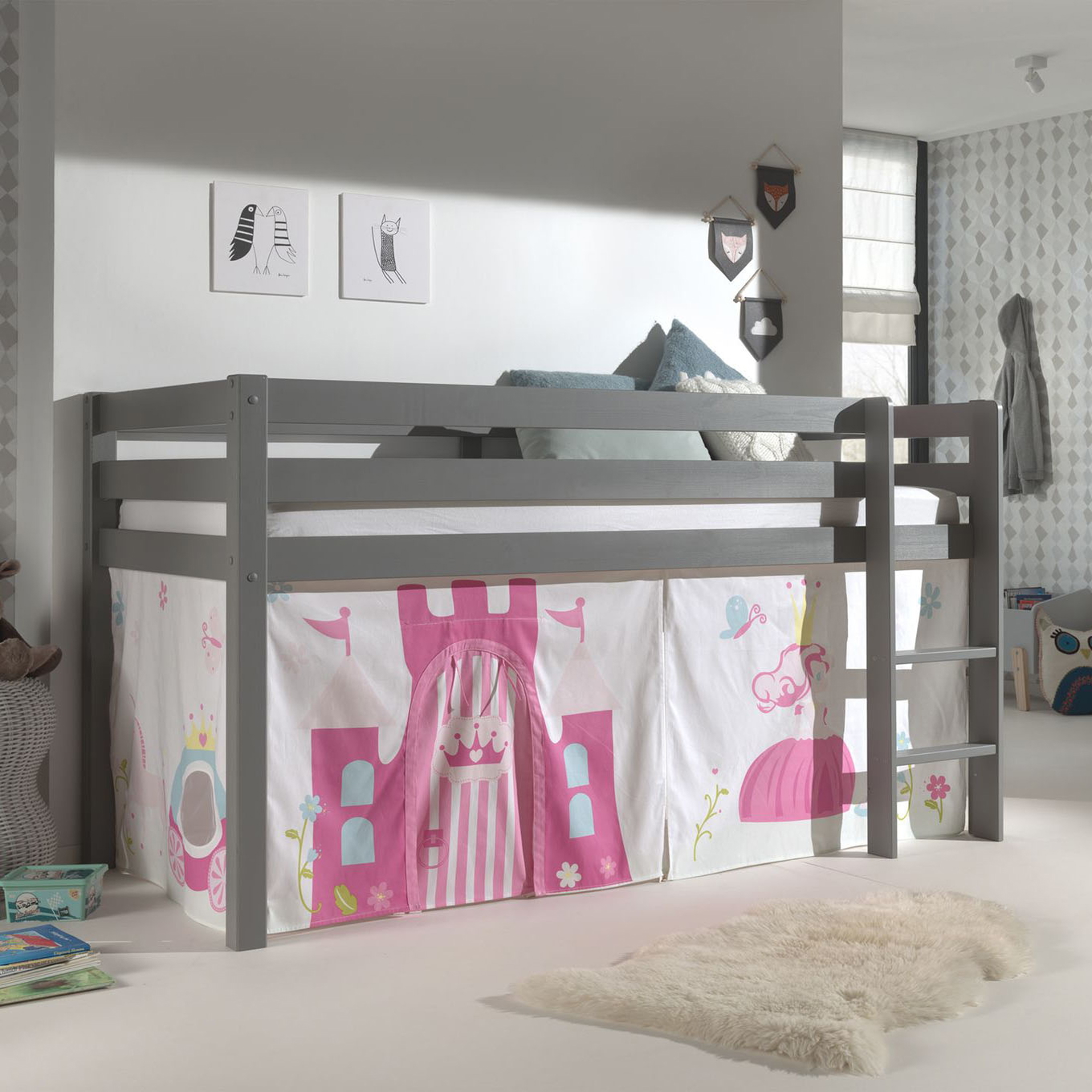Halbhohes Bett Princess Grau, mit Spielvorhang 2