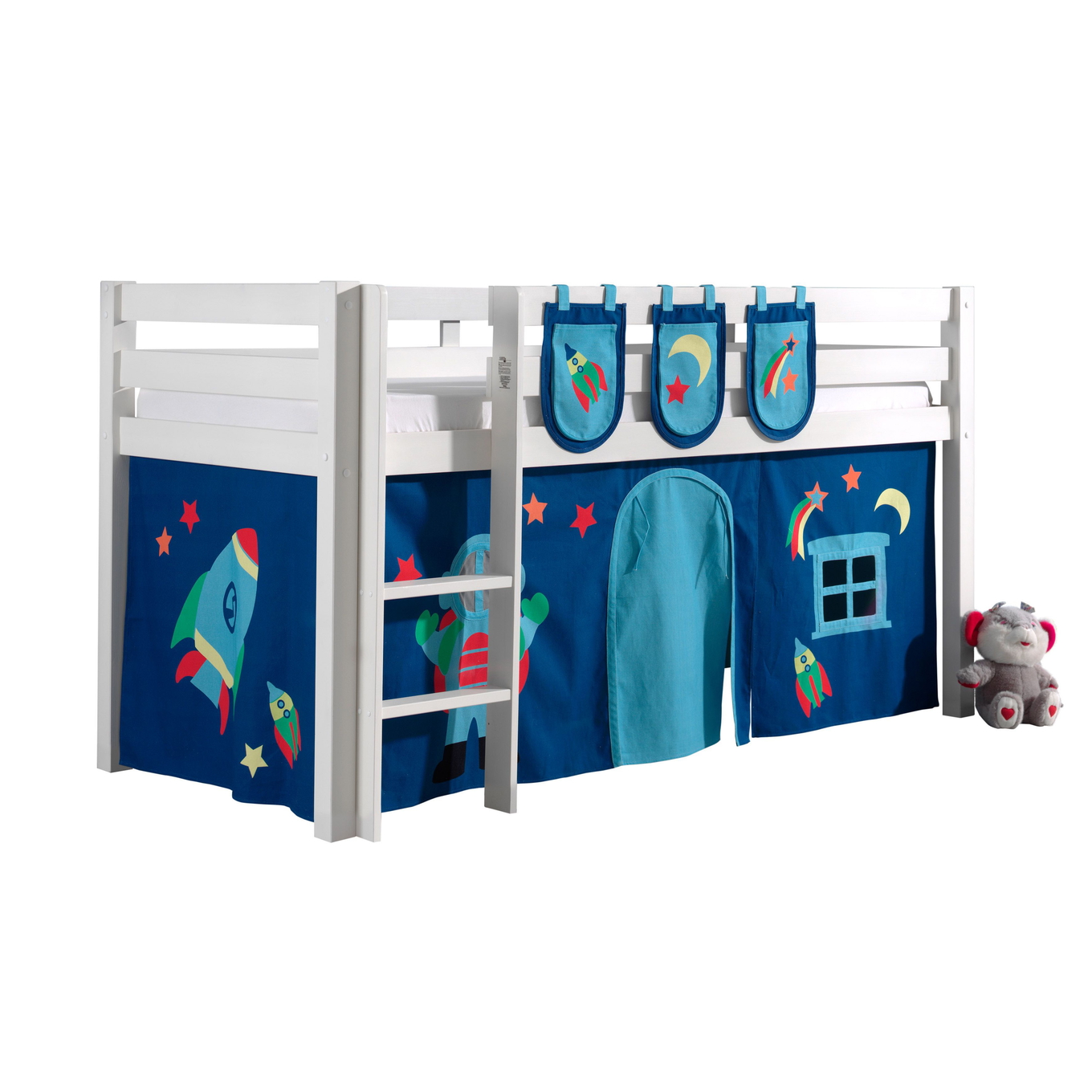 Halbhohes Bett Astro Weiss, mit Spielvorhang und Betttaschen