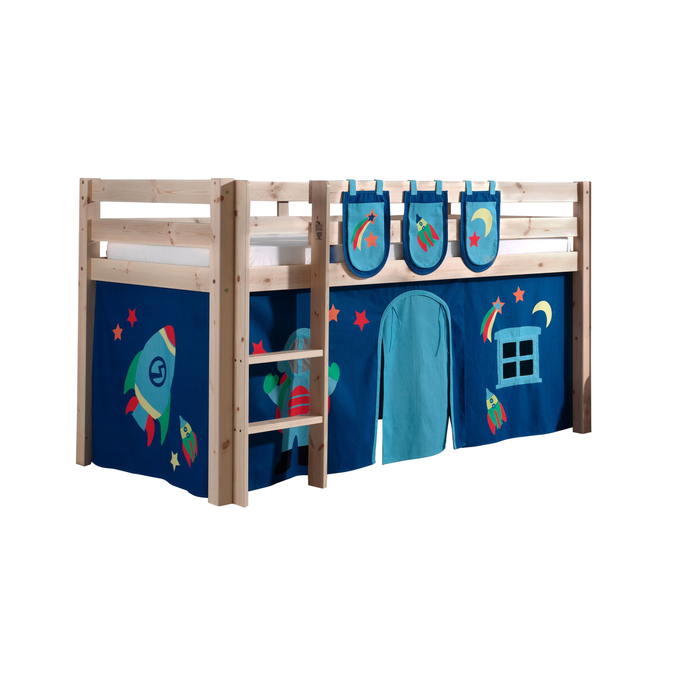 Halbhohes Bett Astro Holz, mit Spielvorhang und Betttaschen
