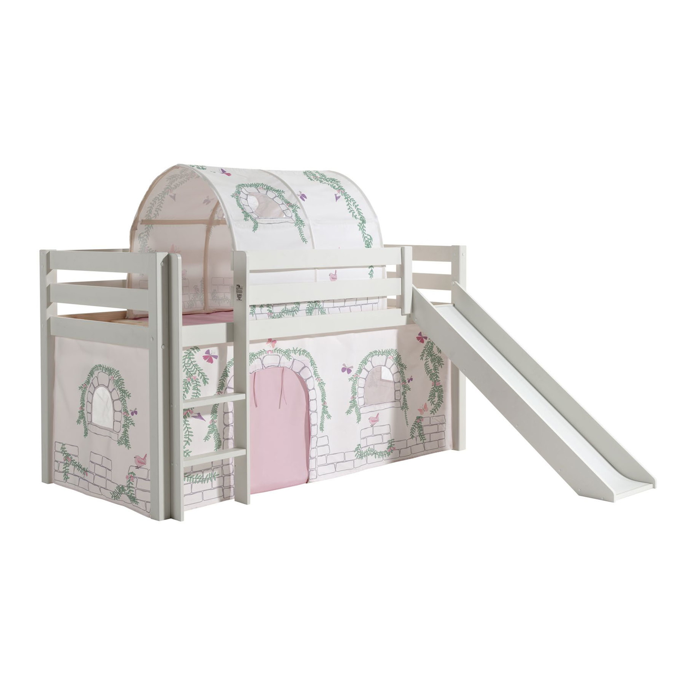 Halbhohes Bett Birdy mit Rutsche Weiss, mit Spielvorhang und Höhle