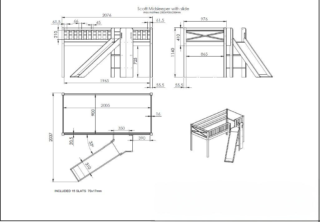 Halbhohes Bett Scott Princess mit Rutsche mit Spielvorhang, Höhle und Betttaschen 10