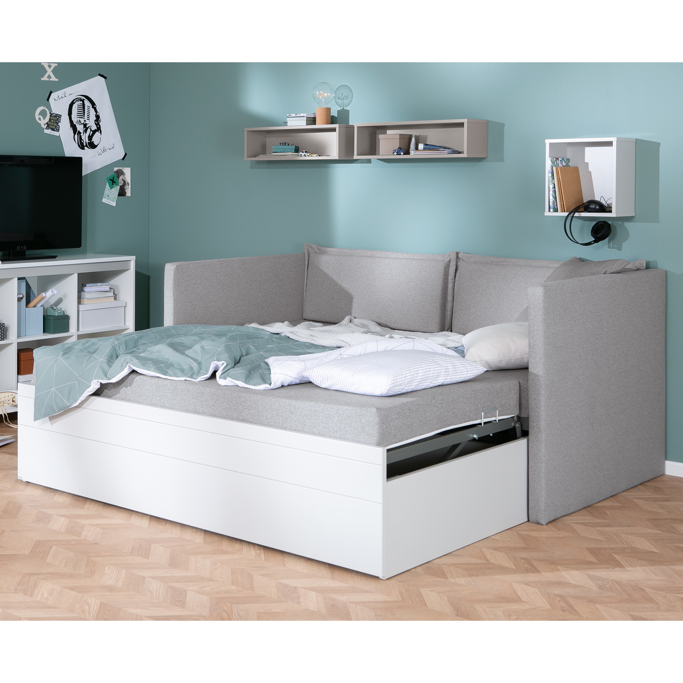Bett Flynn mit 2 gepolsterten Betthäuptern Weiss, Steingrau 4