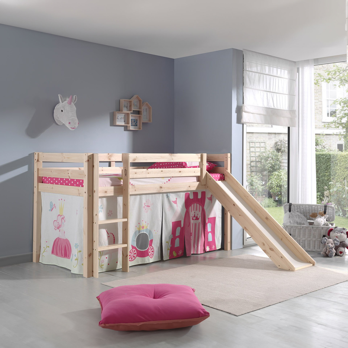 Halbhohes Bett Princess mit Rutsche Holz, mit Spielvorhang 2