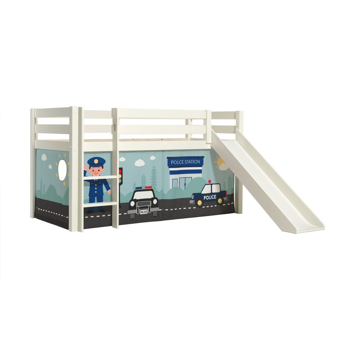 Halbhohes Bett Police mit Rutsche Weiss