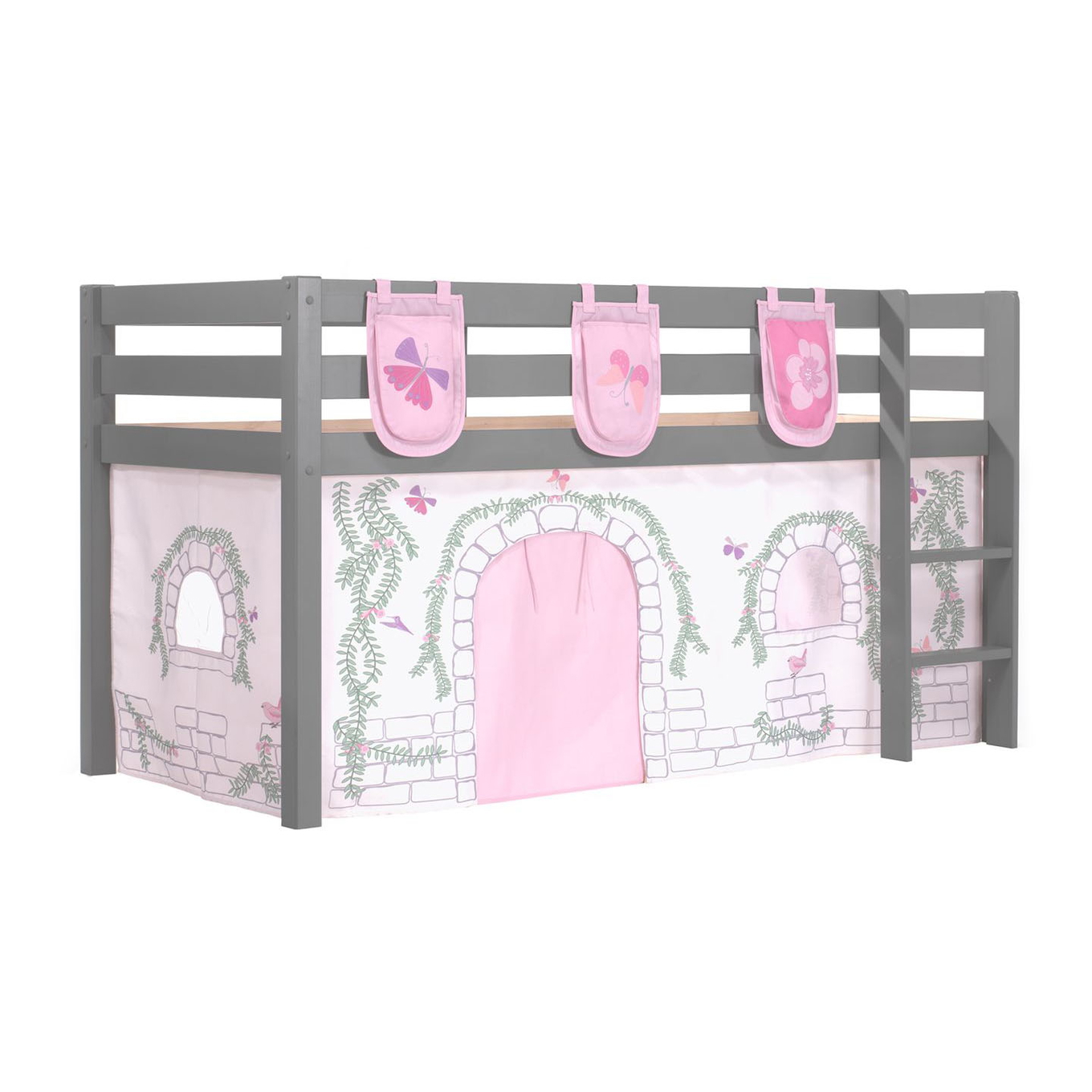 Halbhohes Bett Birdy Grau, mit Spielvorhang und Betttaschen 1