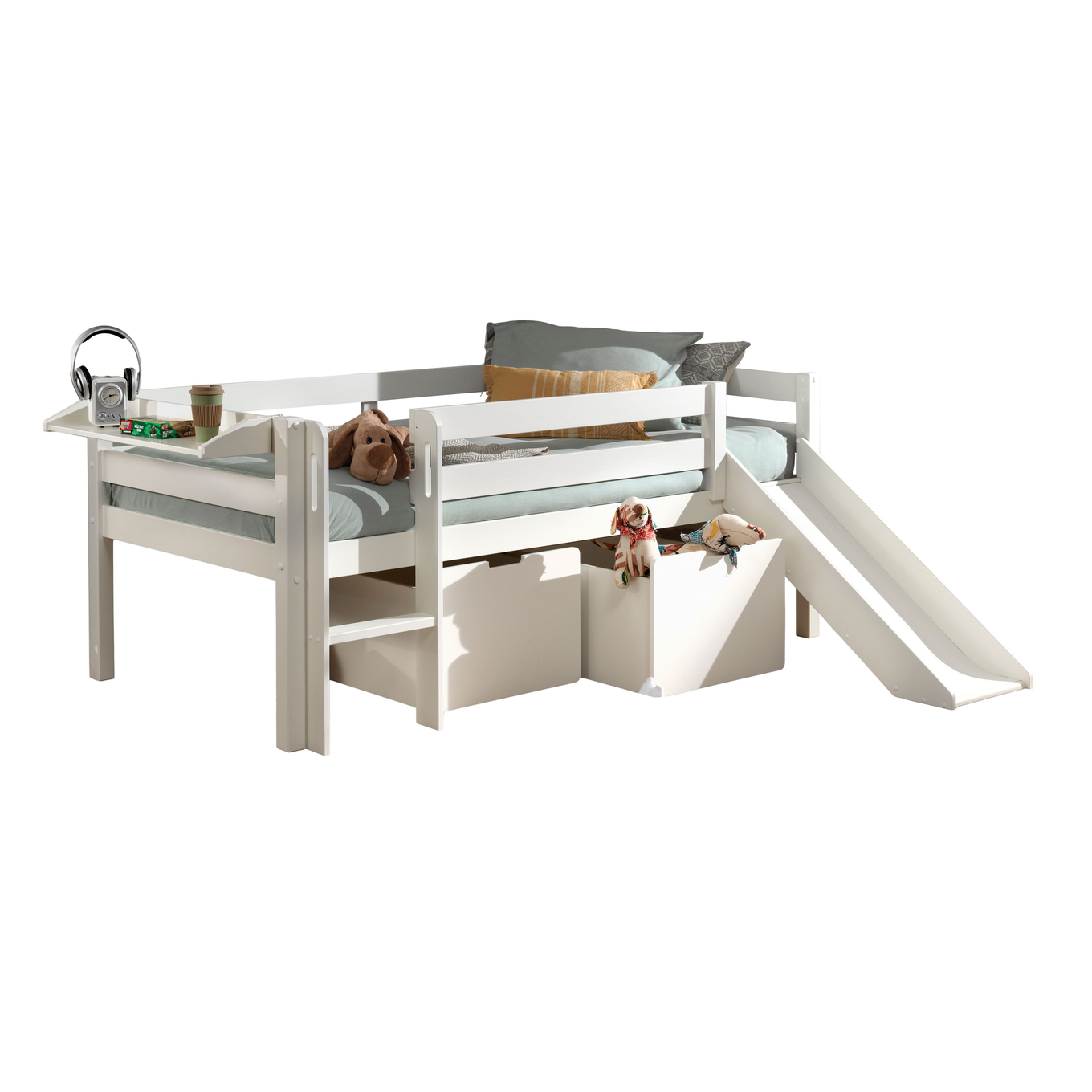 Bett Pino mit Rutsche inkl. Hängeablage & Schubladen 2er-Set Weiss