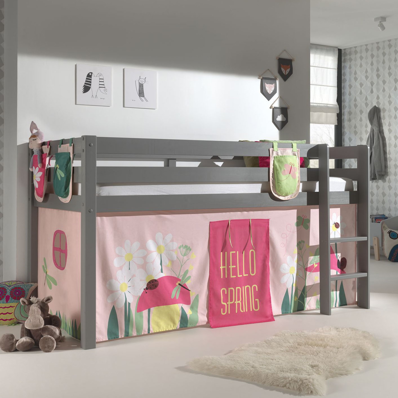 Halbhohes Bett Pino Spring Grau, mit Spielvorhang und Betttaschen #2