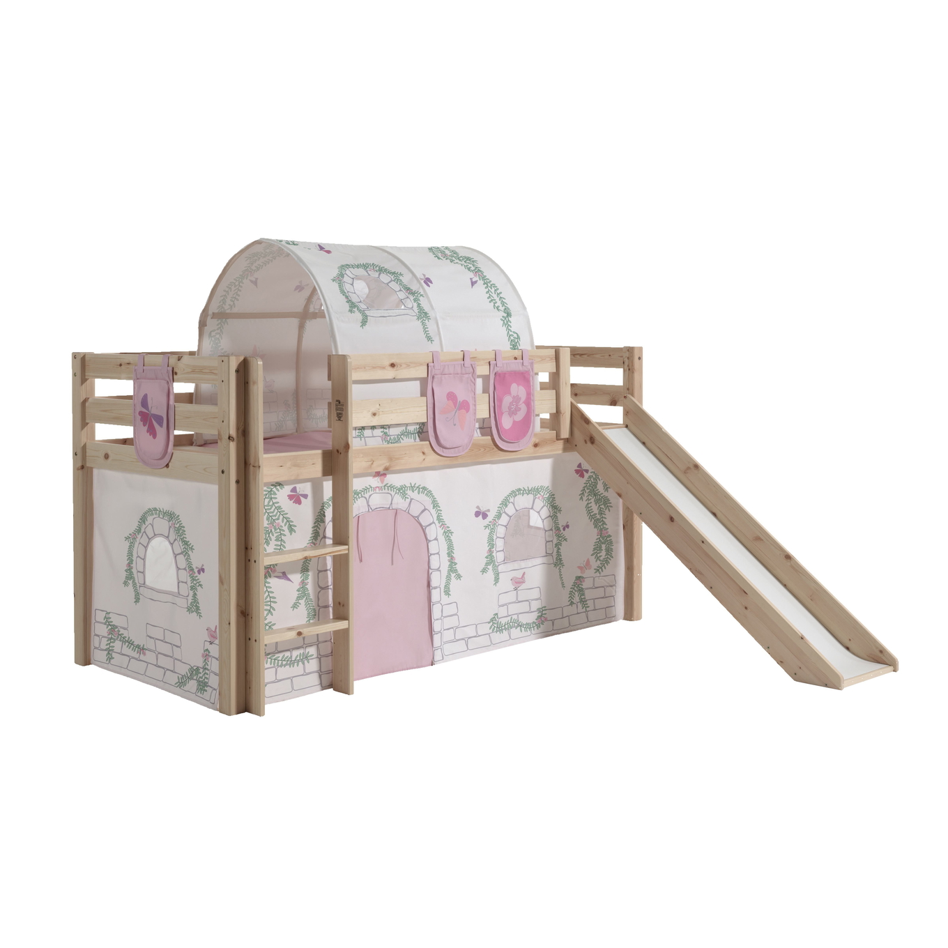 Halbhohes Bett Birdy mit Rutsche Holz, mit Spielvorhang, Höhle und Betttaschen