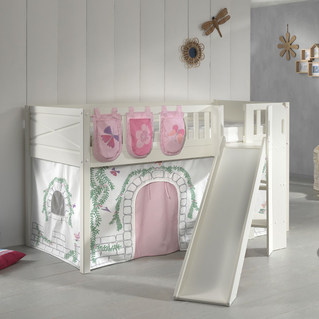 Halbhohes Bett Scott Birdy mit Rutsche mit Spielvorhang und Betttaschen #2