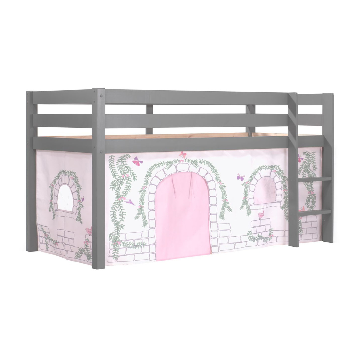 Halbhohes Bett Birdy Grau, mit Spielvorhang