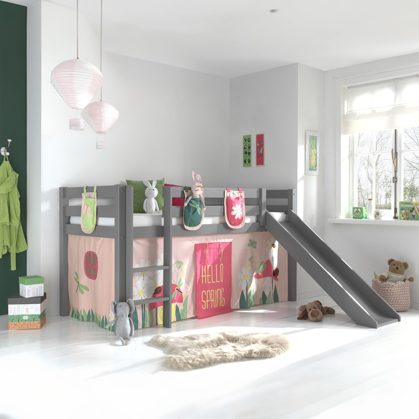 Halbhohes Bett Pino Spring mit Rutsche Grau, mit Spielvorhang und Betttaschen #2