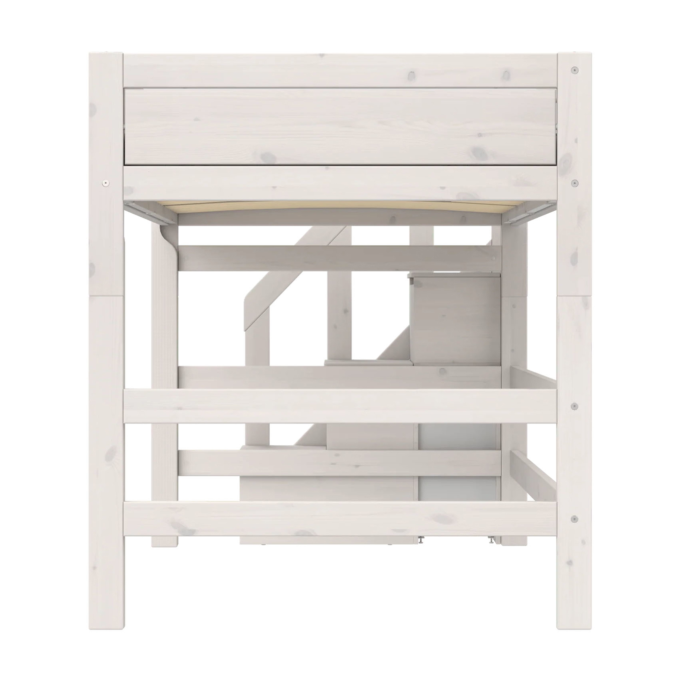 Mittelhohes Bett mit Treppe 120x200cm Rollrost, Weiss lasiert 4