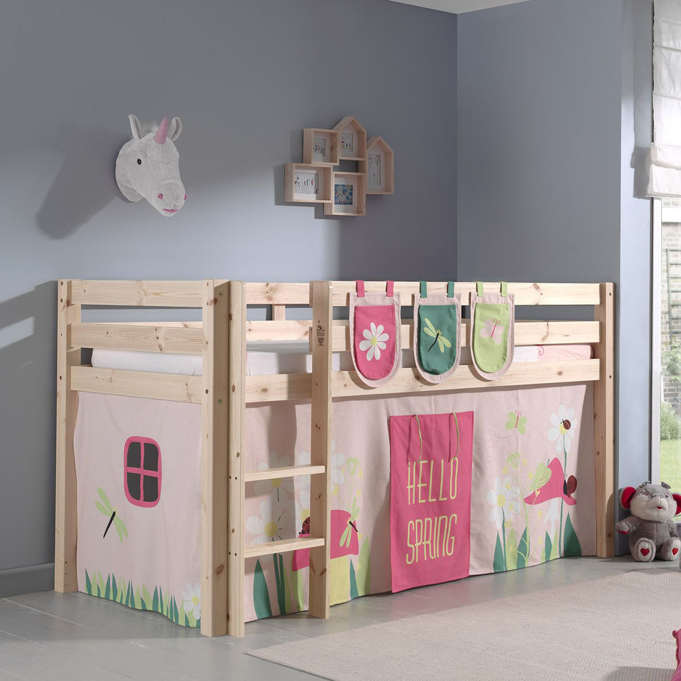 Halbhohes Bett Pino Spring Holz, mit Spielvorhang und Betttaschen 2