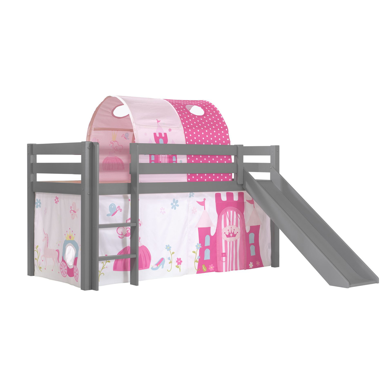 Halbhohes Bett Princess mit Rutsche Grau, mit Spielvorhang und Höhle