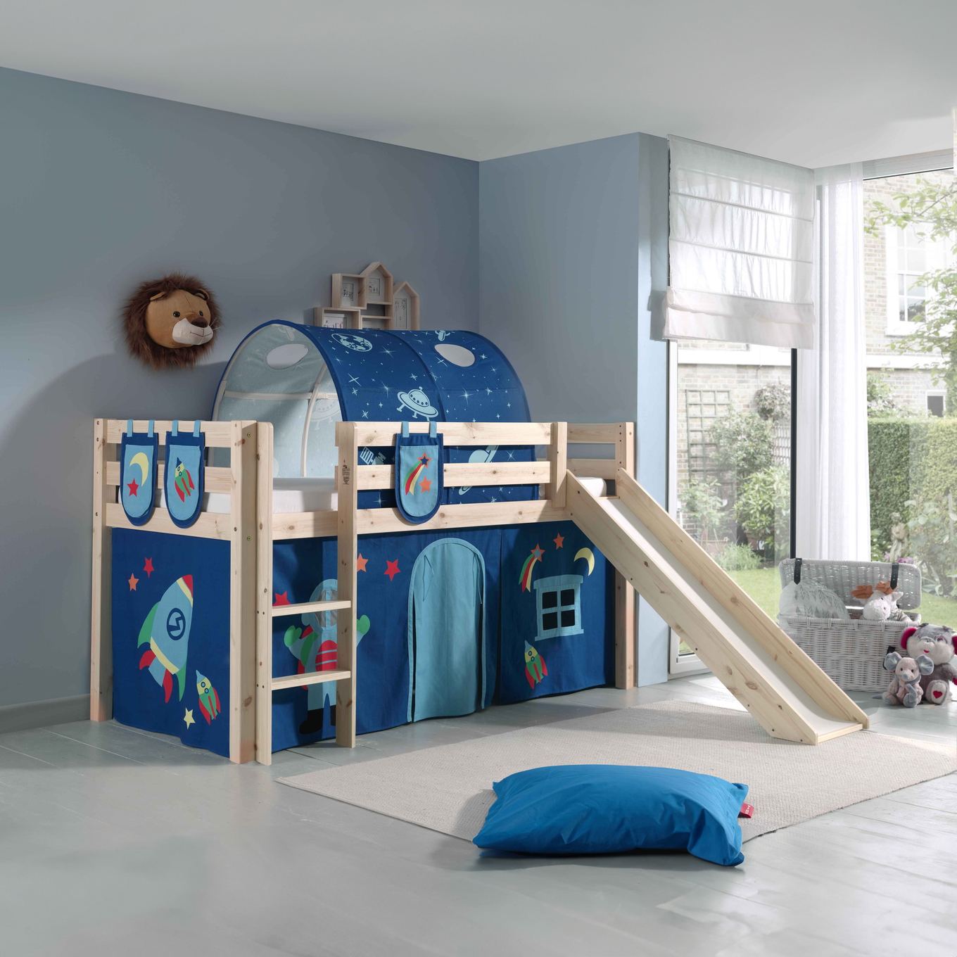 Halbhohes Bett Astro mit Rutsche Holz, mit Spielvorhang, Höhle und Betttaschen #2
