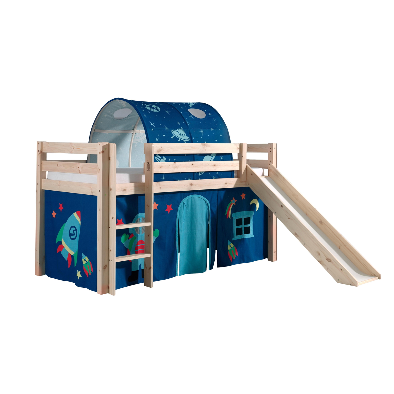 Halbhohes Bett Astro mit Rutsche Holz, mit Spielvorhang und Höhle